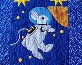 Applique Art Quilt, -Spacewalk Bunny- Hand Quilted, Hand Applique, 41x28 inches, Custom Order