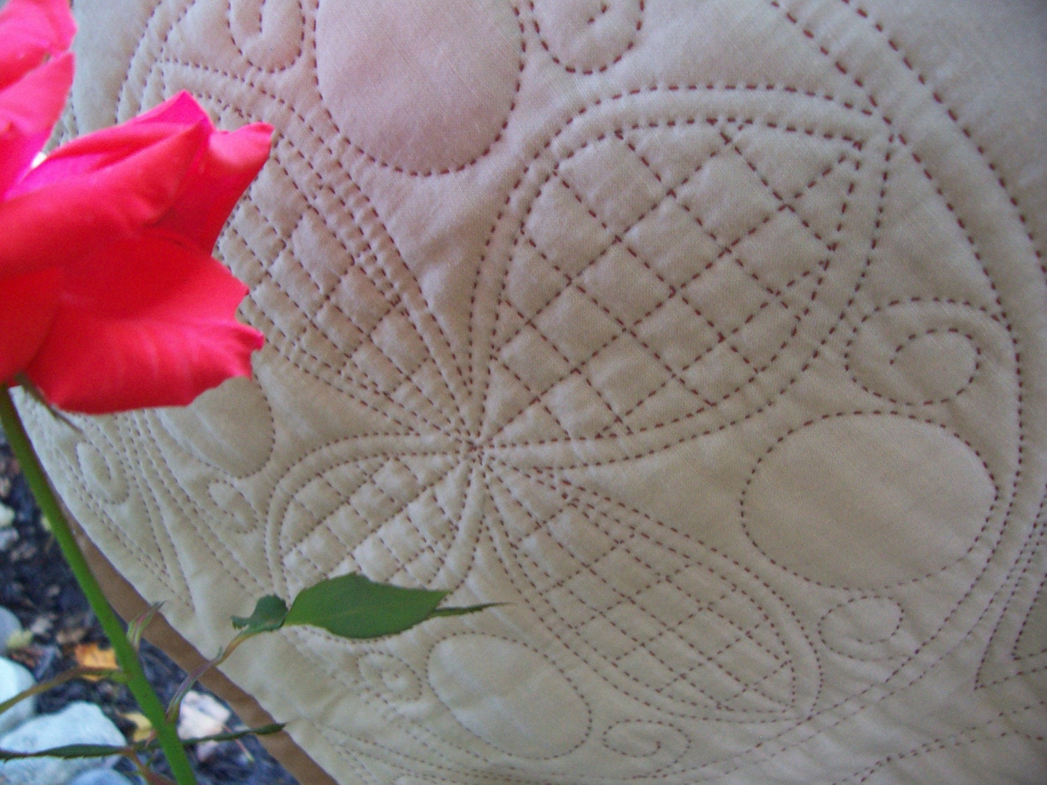 Queen Size Heirloom Wedding Quilt, Hand Quilted, Creamy Beige and Rust, Custom Order