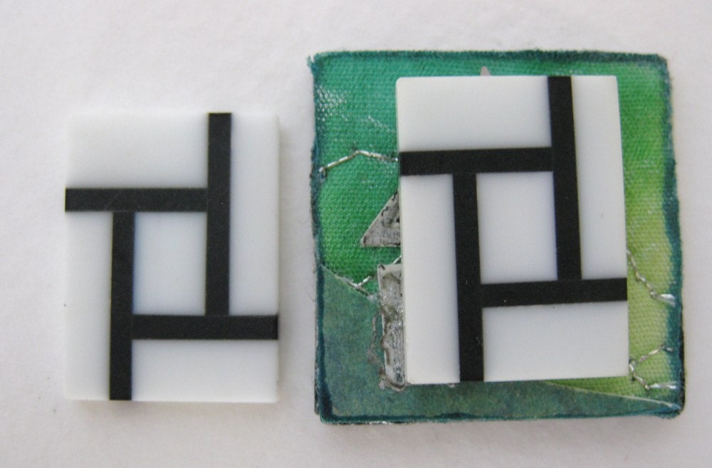 Vintage Glass Cabochon Glass White Black Rectangle Deco 20x15mm gcb0497 (2)