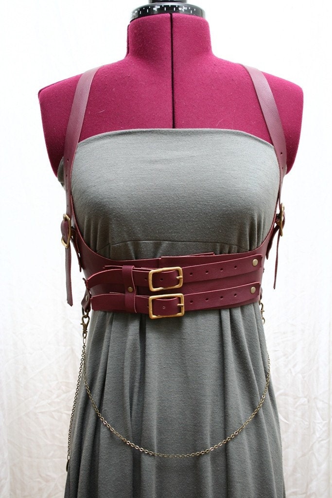 Jillian Burgundy Leather Underbust Harness Corset Belt Waist Cincher Steampunk
