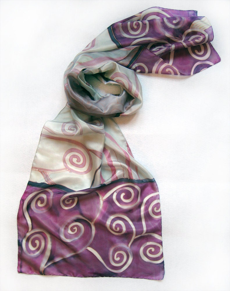 Hand painted silk scarf Light green Spirals in purple background