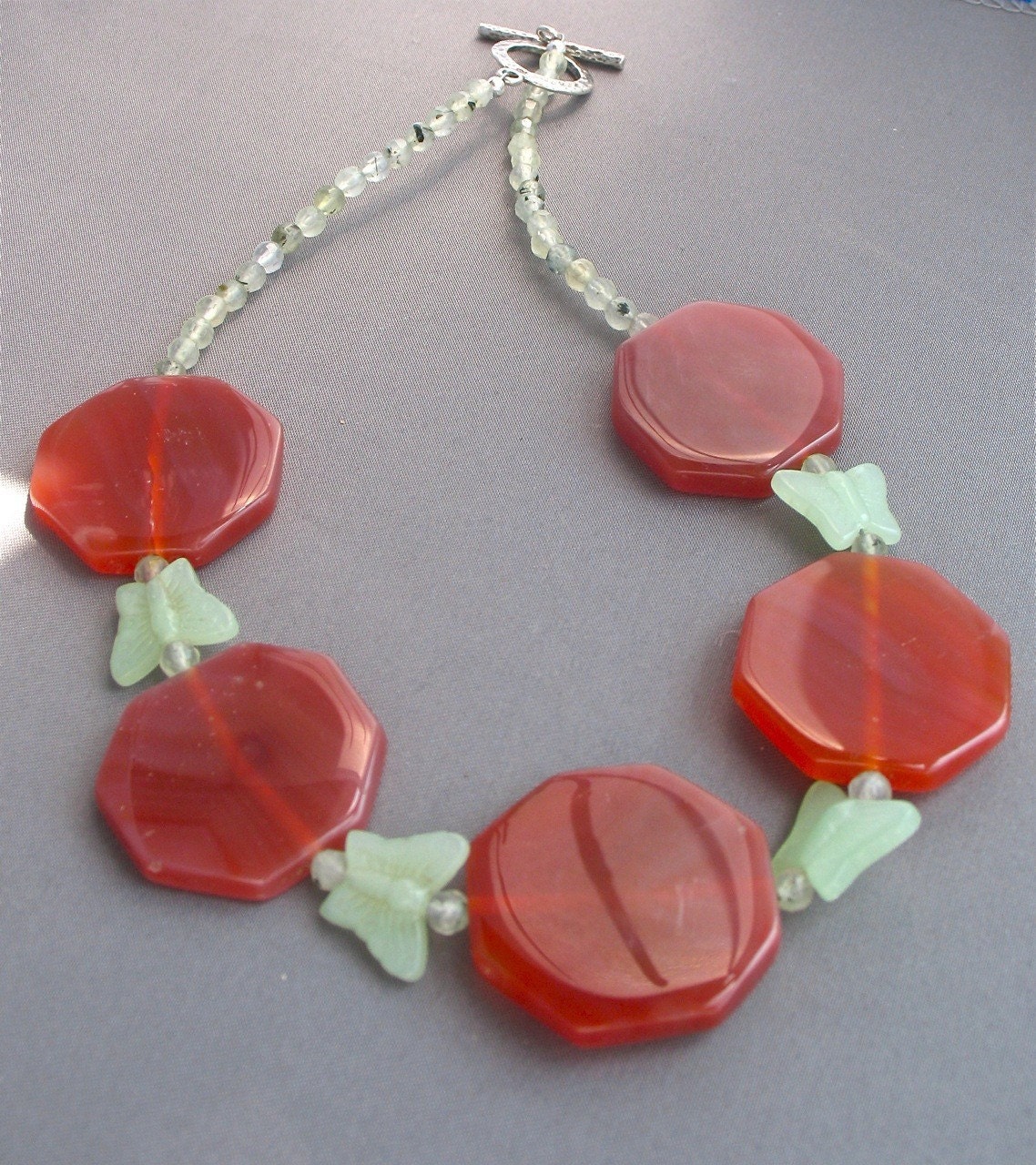 Stone Butterfly Chunky Choker Statement necklace Orange Amber Rust Green Pale Prehnite Mint