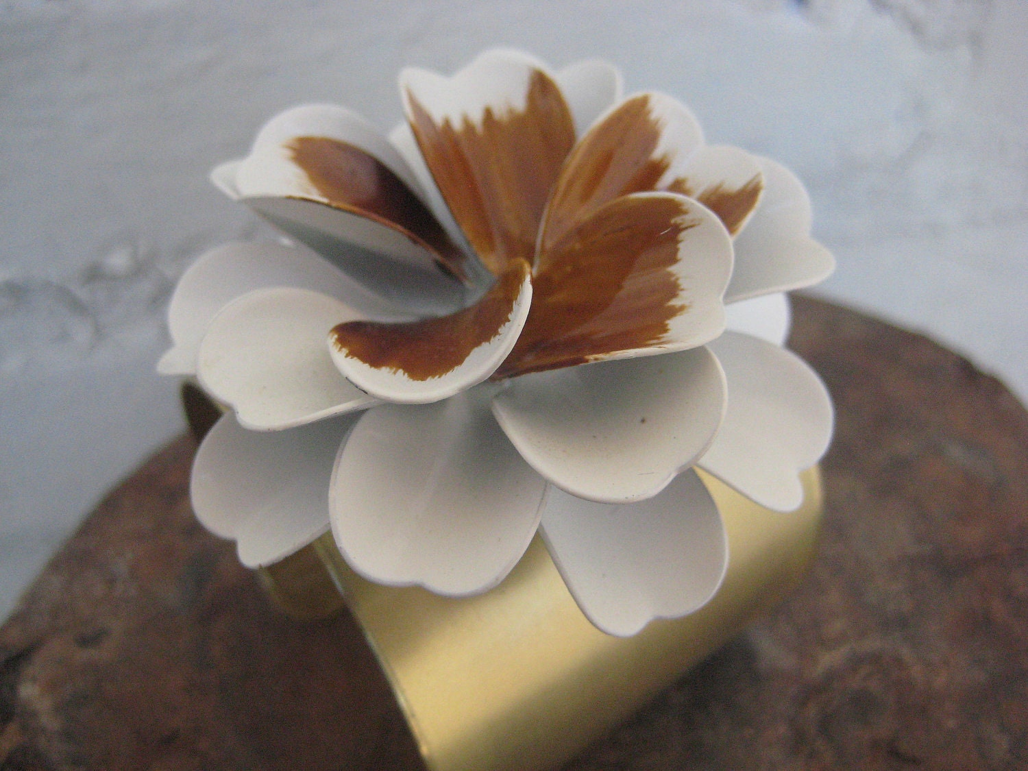 Cuff Bracelet  Vintage Brooch White Big Flower Power Brown Adjustable Statement