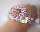 Pink Cuff Bracelet Vintage Brooch  Flower Cuff White Collage Spring Girly Adjustable OOAK shabby chic owl dogwood
