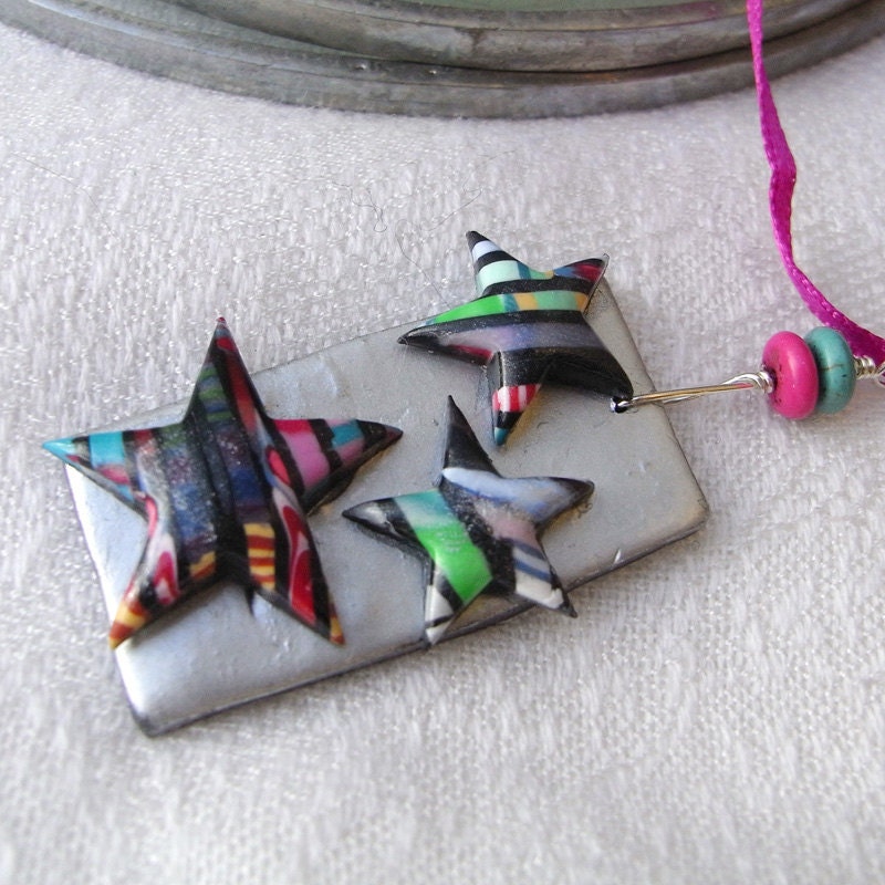 Hanging Ornament Polymer Clay Rectangle with Stars Christmas Decoration - averilpam