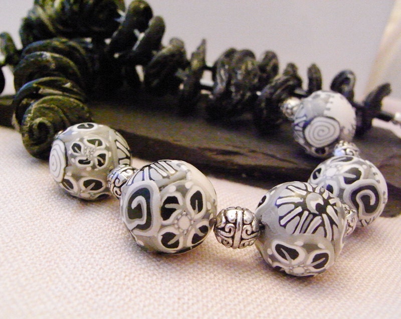Necklace Black and White Polymer Clay Beads