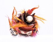 Boho Cocktail Ring Pink Orange Sari -Silver Metal Flower Adjustable Pearl Floral Vintage Style