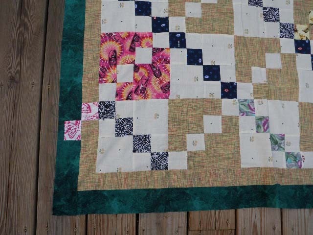 Cotton Quilt Top, Patchwork Quilt, Irish Chain, Wall Hanging, Green and Pink