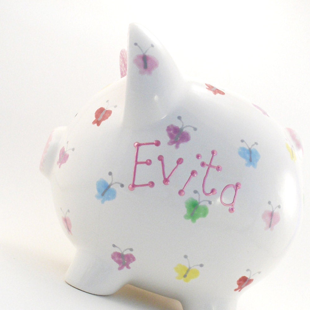 Personalized Piggy Bank - Butterfly - Pastel Butterflies - with hole or NO hole in bottom