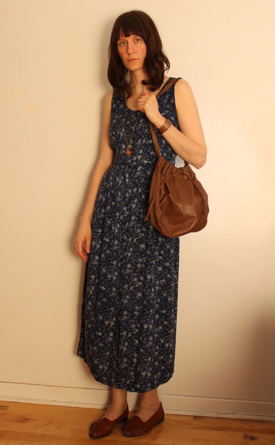 blue rayon long floral dress s/m