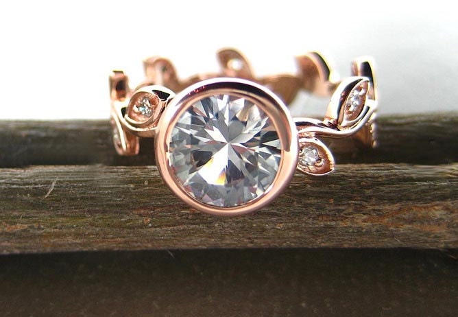 Pink gold Engagement ring with leaves and diamonds. Unique engagement ring.