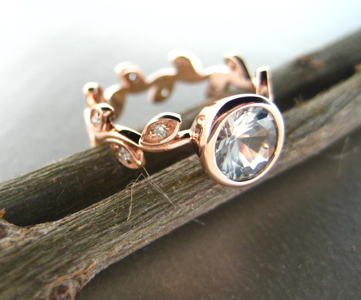 Pink gold Engagement ring with leaves and diamonds. Unique engagement ring.