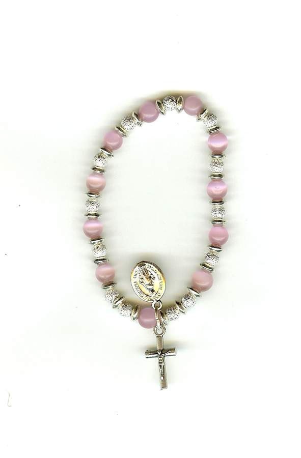First Communion Rosary Bracelet, Stretch in Cat's Eye and Frosted Silver