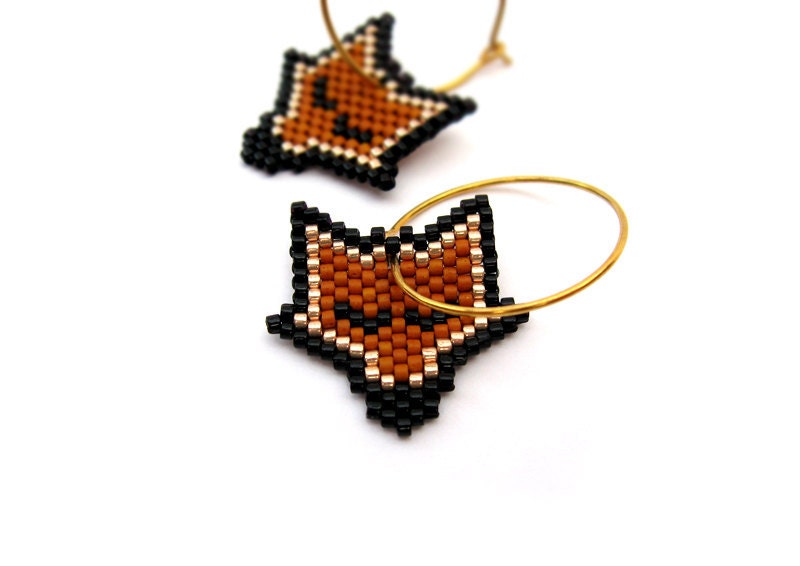 Earrings - Golden Sleeping Fox - Light Gold, Pumpkin Dark Orange, Black - 24ct gold plated glass beads and sterling silver hoops - AmaltheaCph