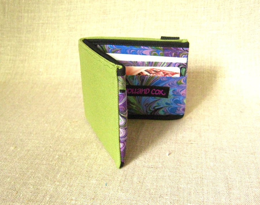 skinny wallet - book marble - green and purple abstract print vegan wallet