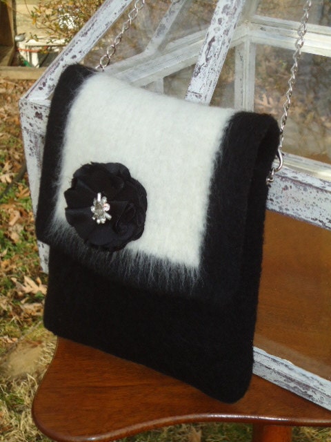 Clearance     Black and White Handbag Messenger Bag Purse Handknitted Felt Medium