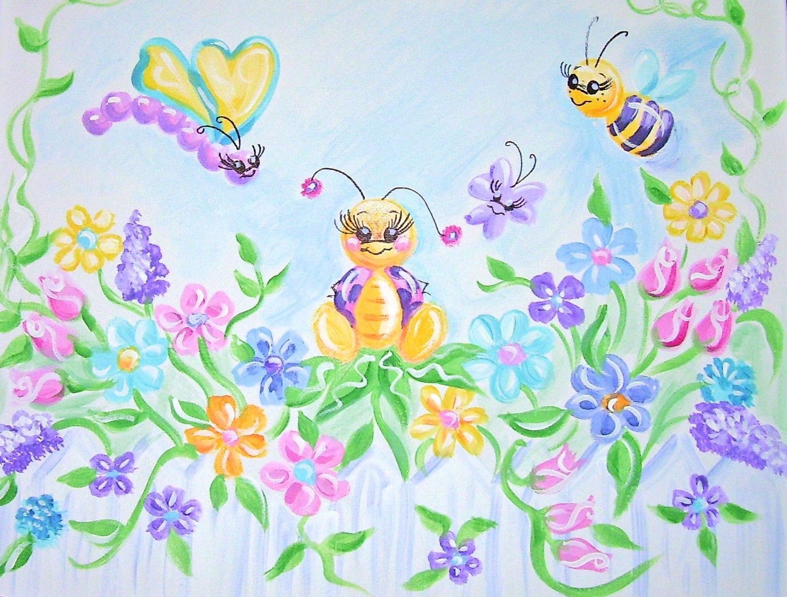 Hand Painted and Personalized Art on Canvas - Ladybug Garden - 16 x 20 inches