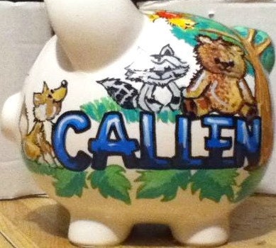 Personalized Piggy Bank Forest Animals Handpainted Fox Owl Bear