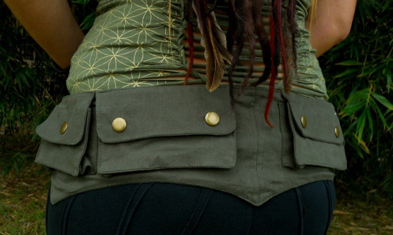 Cotton Canvas Pixie Pockets - Vegan - Travel Belt - Large - Green - utility belt - travel pouch
