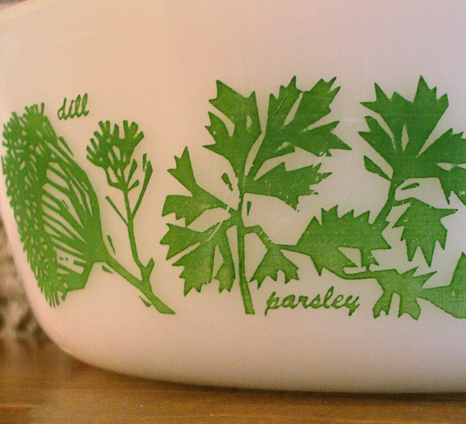 Vintage Glasbake 1 Qt. Bowl with Green Herb Design