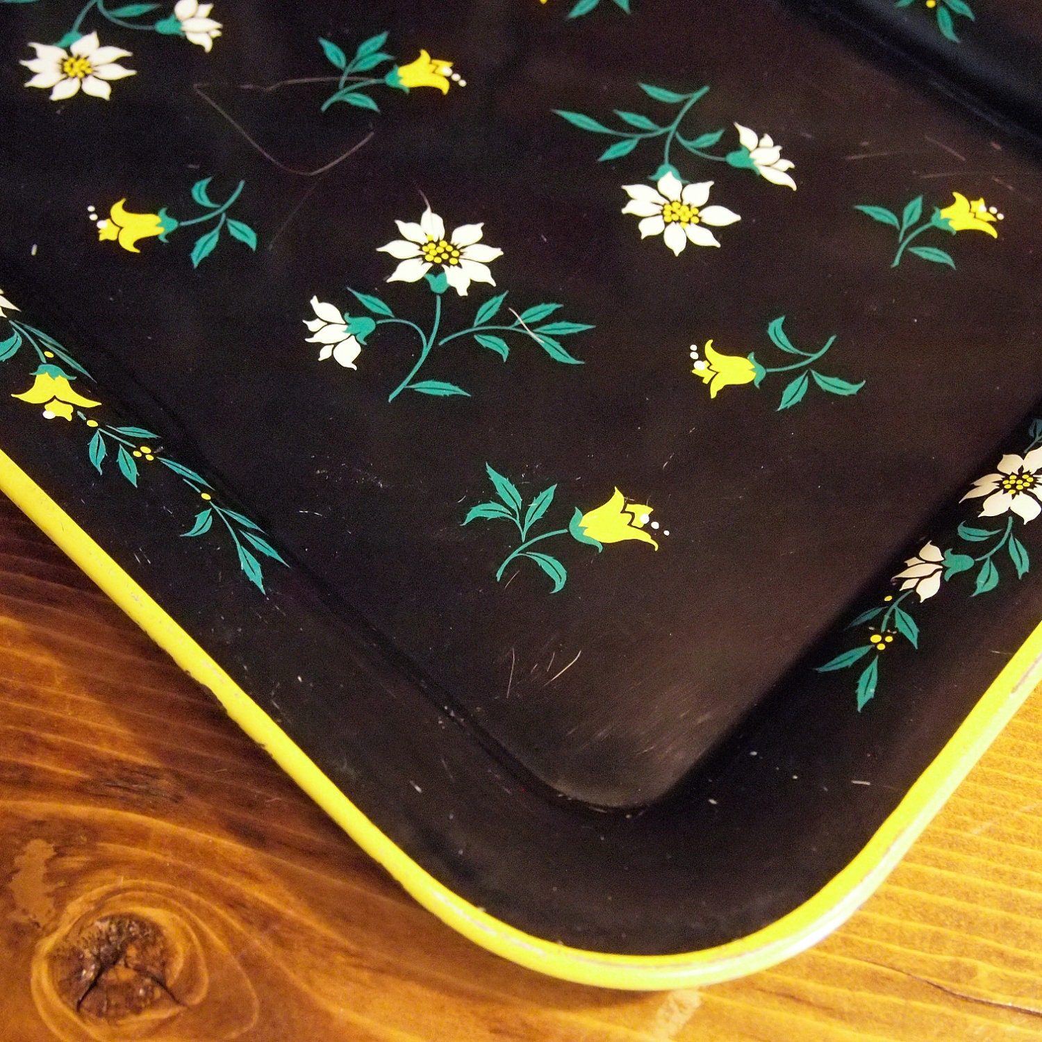 Vintage Large Black Garden Flower Metal Folk Tray