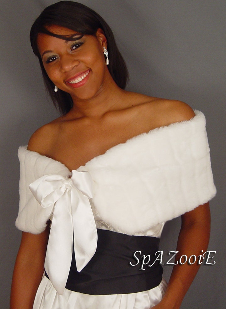 White faux fur bridal wrap shawl shrug wedding stole /satin tie closure