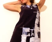 Black washed silk dress, geometric abstract print in pearl white
