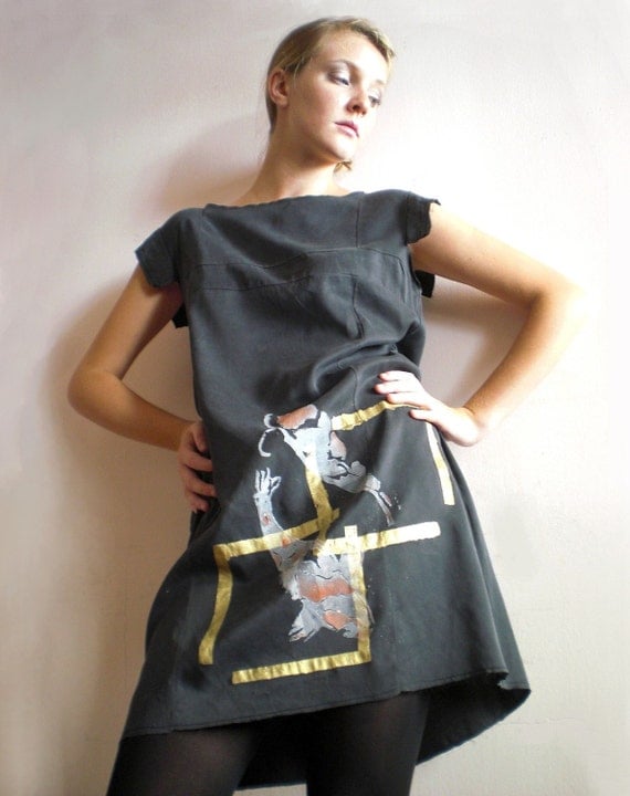 Tattoo Koi washed silk dress, black red and gold print, vintage inspired