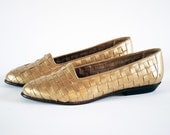 Golden Basket Weave Leather Pointed Toe Loafers Flats 7.5, 8