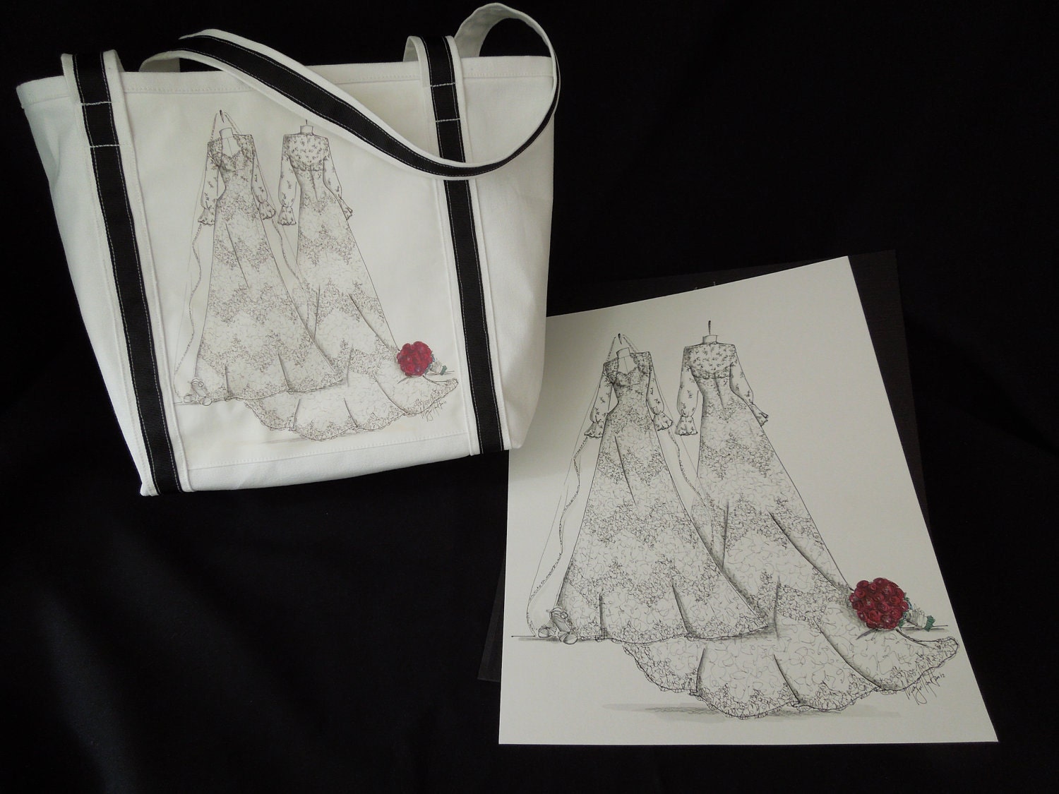 Custom Wedding Gown Sketch with SMALL "Honeymoon" Tote