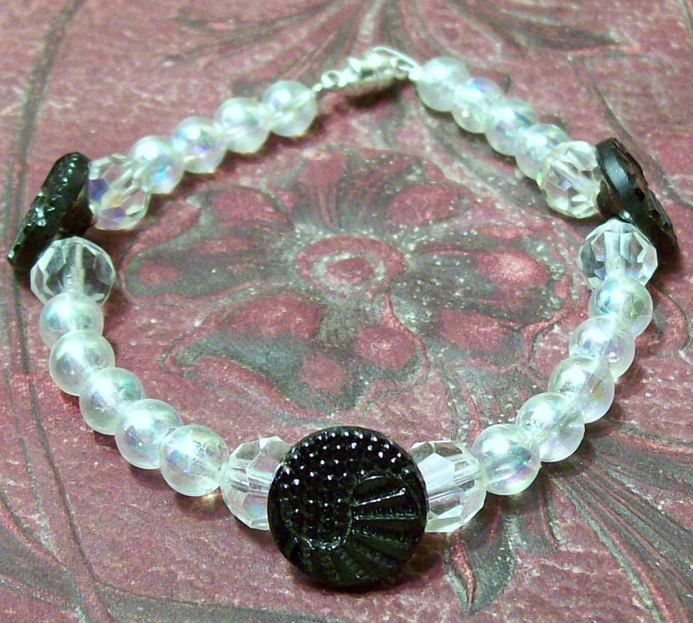 Antique Mourning Button Bracelet - Recycled - Iridescent Crystal