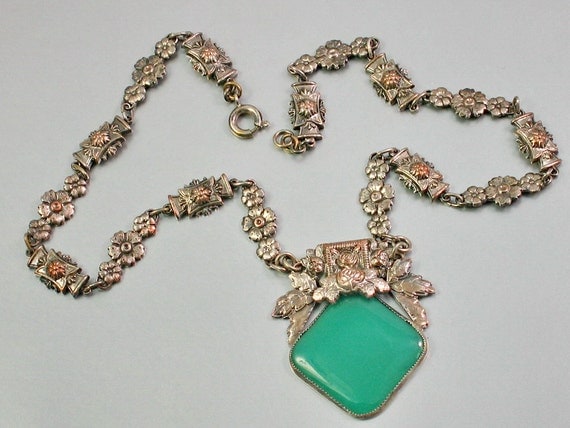 RESERVED    Vintage 1910-1915 Art NOUVEAU Cut Green Glass, Silver Gilt NECKLACE