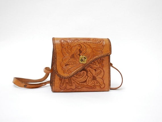tooled leather bag. 1970s. shoulder purse