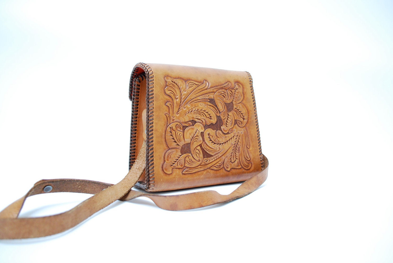 tooled leather bag. 1970s. shoulder purse