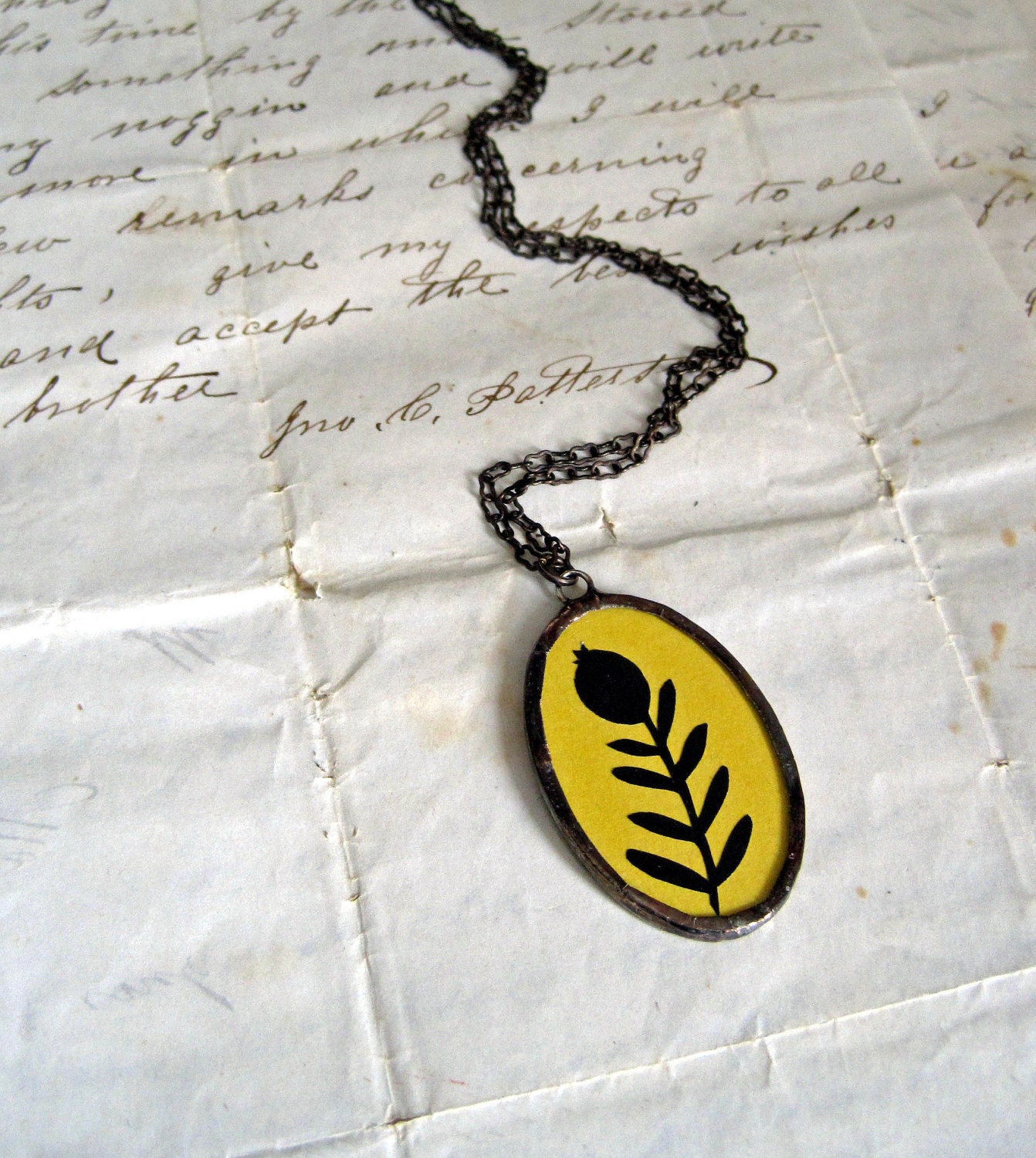 Cranberry Silhouette Necklace Yellow Glass Paper