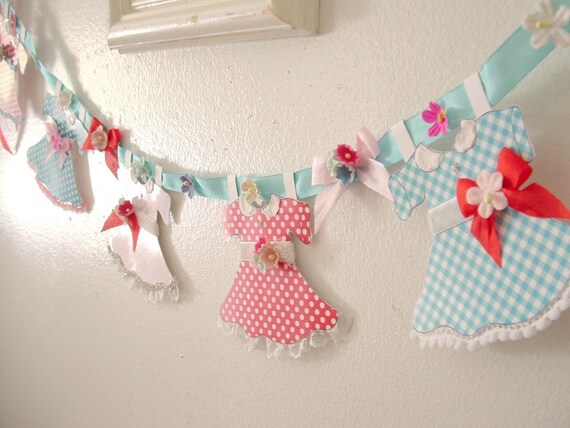 Vintage Style Paper Doll Garland SWEET As PIE Inspiration / Craft Kit ... Pink ... Aqua ... Red ... Polka Dots and Gingham
