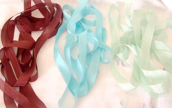 Chocolate Petits Fours in Pastel Fondant Icing YUMMY Vintage Silky Seam Binding Ribbon Trio Ocean, Mint Green and Latte Brown ECS
