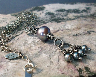 Lavender Blue Pearl Dangles Necklace Sterling Silver - Optional Chain