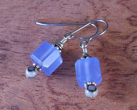 Dusk Blue Quartz Faceted Cube Earrings in Sterling Silver