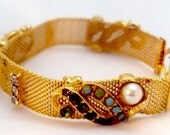 Vintage Mesh Bracelet with Rhinestones Faux Pearls Turquoise
