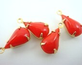 6  - 13x8mm Vintage Pear Shaped Stones in 1 Ring Closed Back Brass Prong Settings - Opaque Red