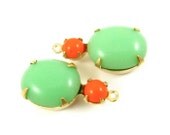 2 - 19x10mm Vintage Oval and Round Glass Stones in 1 Ring Two-Stone Brass Prong Settings - Opaque Orange and Jadite