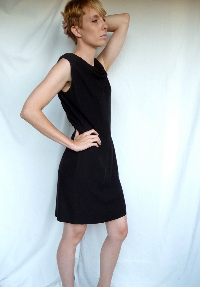 60s Black Cowl Neck Mod Mini Dress