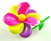60s Vintage Neon Flower Brooch Hot Pink Neon Yellow Bright Purple Floral Womens Jewelry, Free Domestic Shipping