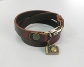Leather Bracelet Leather Charm Bracelet Brown Color with Metal Camera Charm