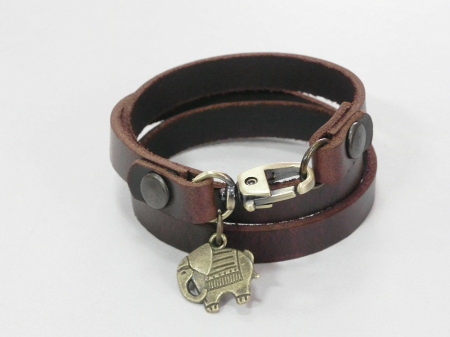 Leather Bracelet Leather Charm Bracelet Brown Color with Metal Elaphant Charm