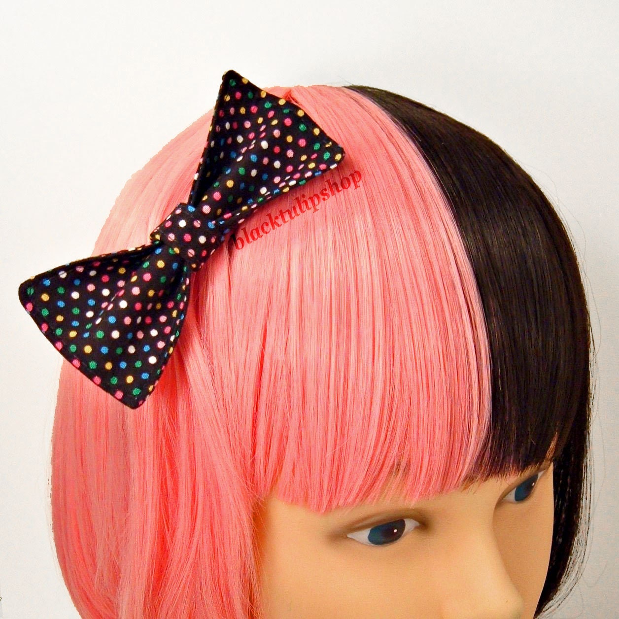 Kawaii Decora Kei Dark Fairy Kei Sweet Lolita Hair Bow/Barrette/Hair Clip - Rainbow Polka Dots On Black