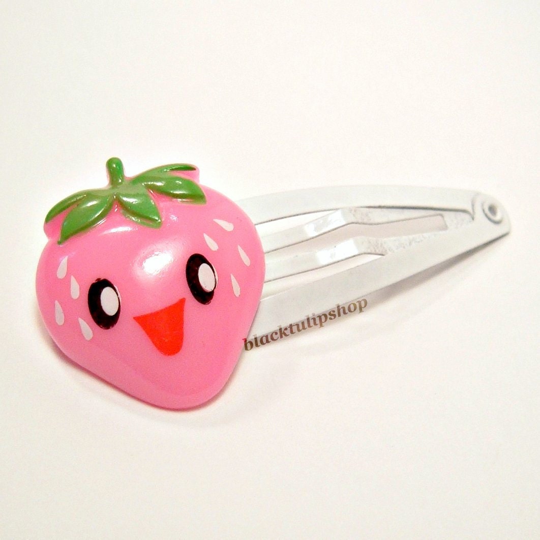 SALE Kawaii Snap Hair Clip Happy Face Pink Strawberry Dots