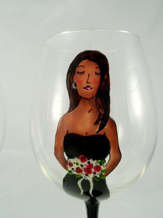 Painted Bridesmaid, Bridal Party personalized Wine Glasses (One Glass)- Custom Caricatures Handpainted to their Likeness-Unique Gift