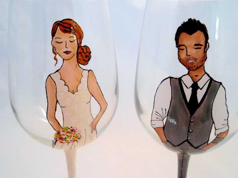 Wedding Couple Bride and Groom Hand Painted Wine Glasses - Custom Caricatures Handpainted to their likeness-  Unique Gift